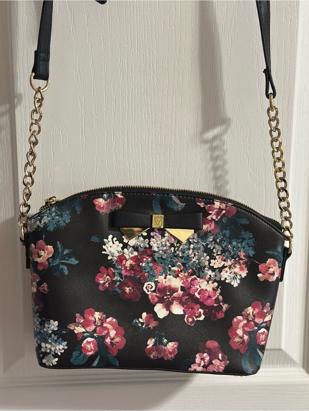 Floral Bow Convertible Crossbody Bag - Black/Pink
